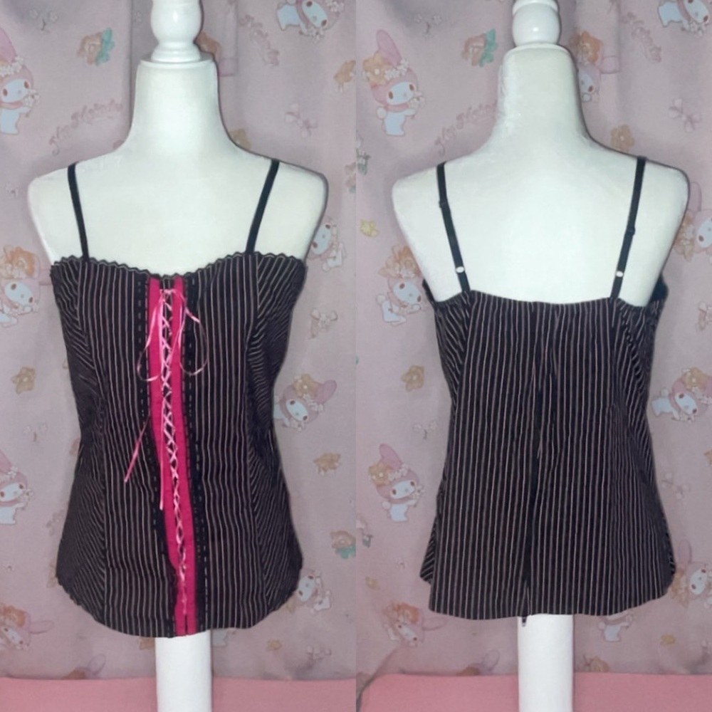 Fashion Art Black and Pink Pinstripe Top with Lace Up Detail